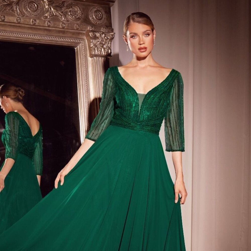 NEW FORMAL A-LINE BEADED MOB DRESS W/ 3/4 SHEER SLEEVES & V-NECKLINE CC446